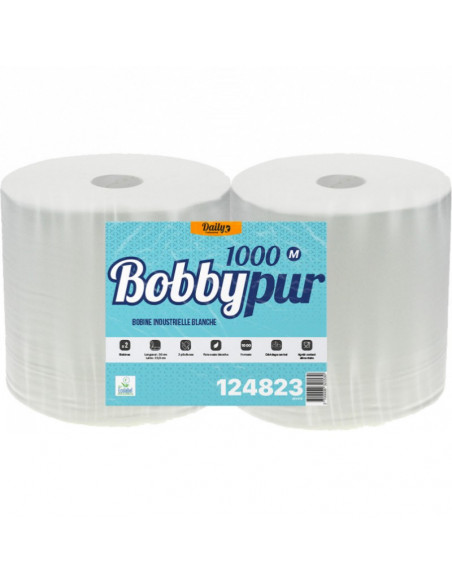 Bobine industrielle d'essuyage 1000 formats pure ouate blanc Ecolabel 2 plis 23.5x30.5cm - Colis de 2 bobines
