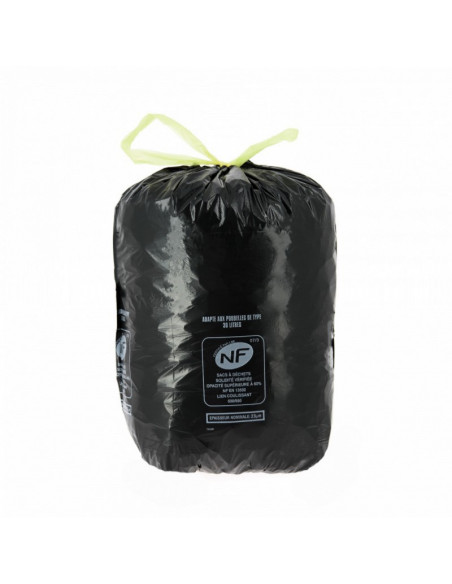 Sac Poubelle 30L Noir - NF liens coulissants - 23 microns - Carton de 100 Sacs