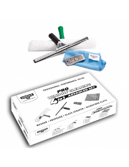 Kit pour nettoyage de vitres PRO 4 en 1 Advanced - un mouilleur 35 cm, raclette souple 35 cm, grattoir et chiffon microfibre