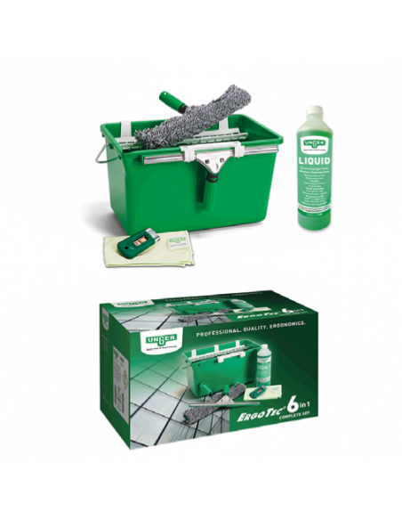 Kit complet pour nettoyage de vitres ERGOTEC 6 en 1 - Mouilleur, raclette, seau, bidon, grattoir et chiffon