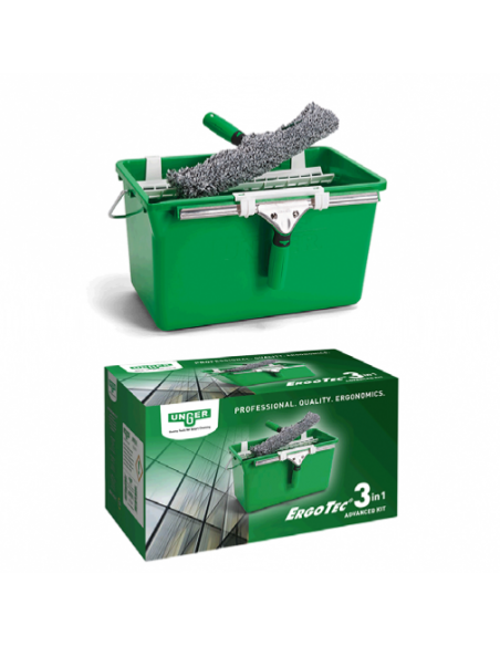 Kit complet pour nettoyage de vitres ERGOTEC 3 en 1 - Mouilleur, raclette et seau