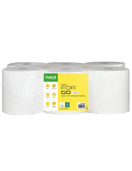 Essuie-mains 450 formats - 2 plis gaufré blancs pure ouate - FORGO Ecolabel - Colis de 6 rouleaux