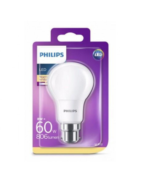 Ampoule LED standard dépolie B22 8-60W - 240V - PHILIPS - 2700K