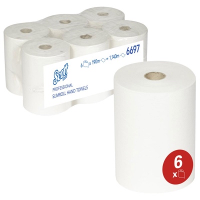 Essuie-mains Rouleau 190 m blanc - 1 pli - SCOTT SLIMROLL - Colis de 6 rouleaux