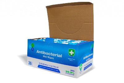 Lingettes humides antibactériennes - Carton de 36 sachets de 15 lingettes